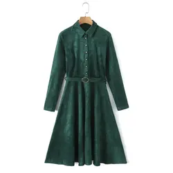 Tangada 2024 Fashion Women Solid Faux Suede Shirt Dress Long Sleeve Office Ladies Midi Dress 8H042