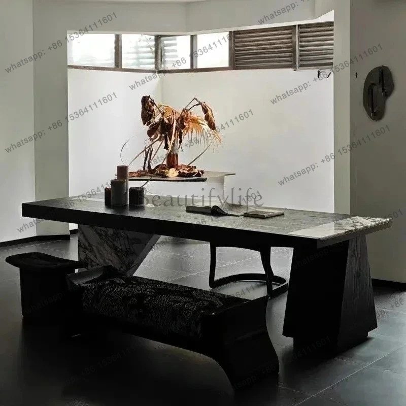 

09minimalist solid wood tea table simple marble tea table black flower rock slab tea table