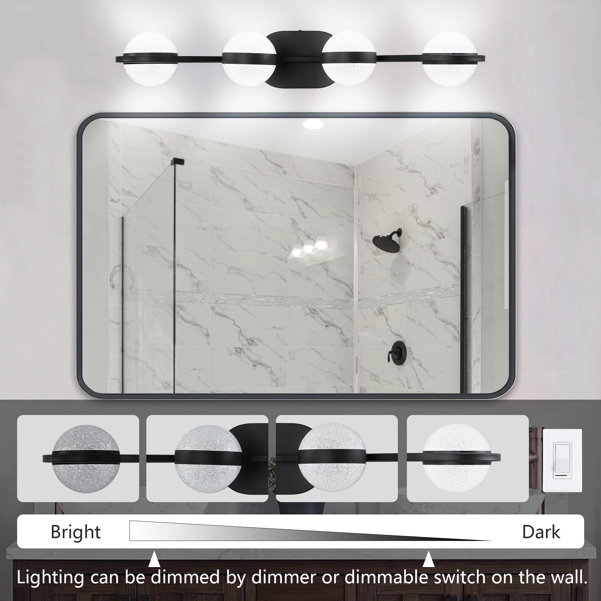L002001-W4B/G Crystal Sand Lampshade Mirror Front Light, Rust-Proof and Waterproof, Suitable for Bathroom Vanity, Led Light Source, Dimmable, Hard-Wired, Simple Style