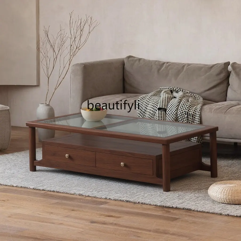 

Solid Wood Marble Square Tea Table Living Room New Chinese Style Black Walnut Artistic Homestay Simple
