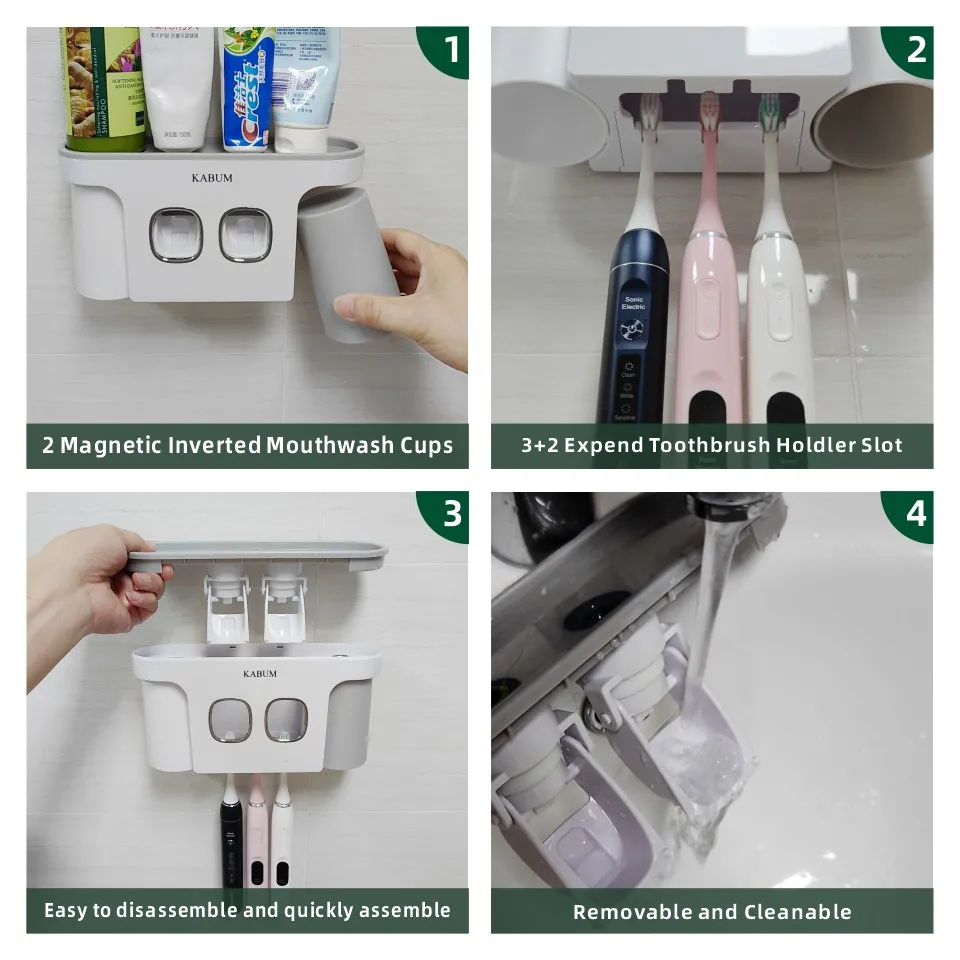 Toothbrush Holder Set Toothpaste Dispenser 2 Mouthwash Cups for Bathroom Accessories Set Family Automatic Toothpaste Squeezer