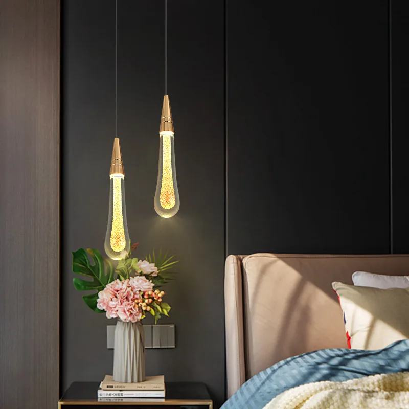 Bedroom Bedside Small Chandelier Light Luxury Bedside Table Crystal Hanging Line Lamp Background Wall Bar Single-head Water Drop