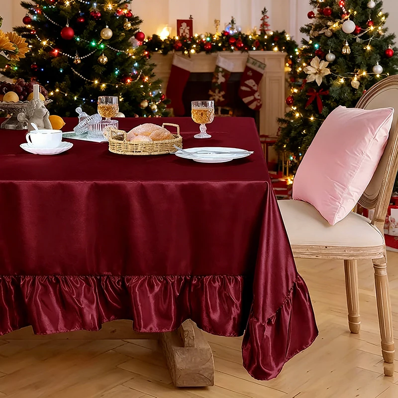 Nappe de Noël à volants en satin soyeux, décoration de table rectangulaire, couverture de table de ferme, jupe de tables vintage pour cuisine et salle à manger