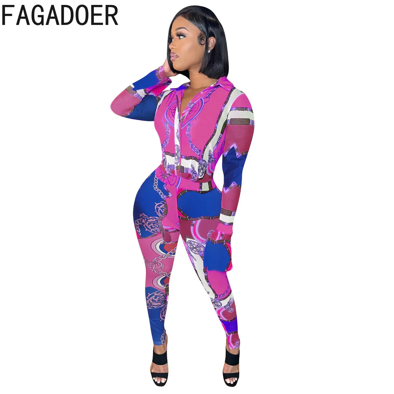 FAGADOER African Retro Print Jumpsuits Women Turndown Collar Button Long Sleeve Playsuits Sexy Slim Vintage Pattern Overall 2023