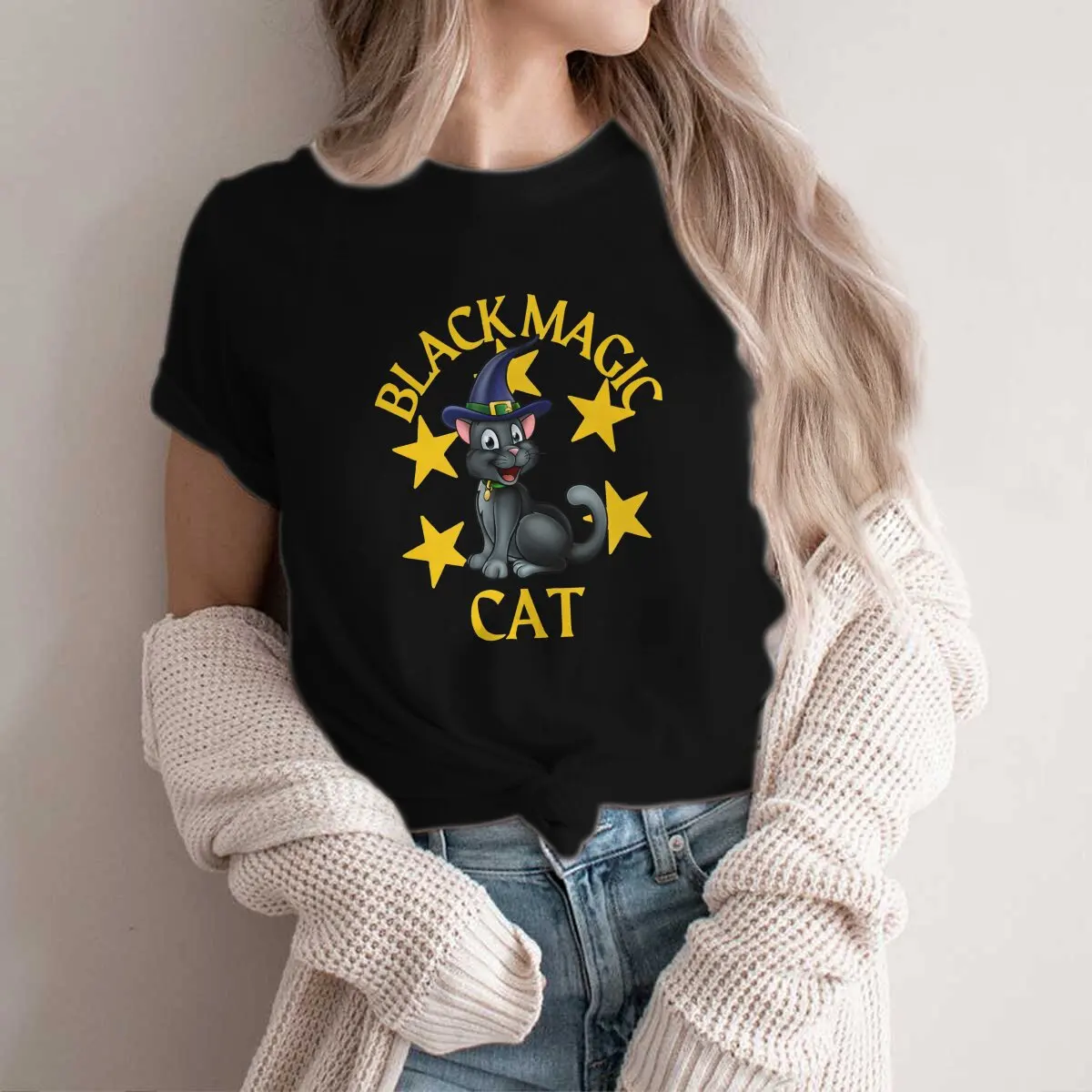 BLACK MAGIC Harajuku Polyester TShirt Black Cats Creative Streetwear Casual T Shirt Female