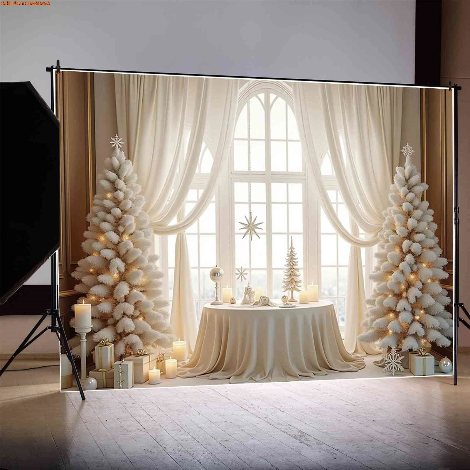 Branco janela de natal fotografia fundo cortina presentes sofá photozone pano de fundo estúdio do bebê photocall acessórios