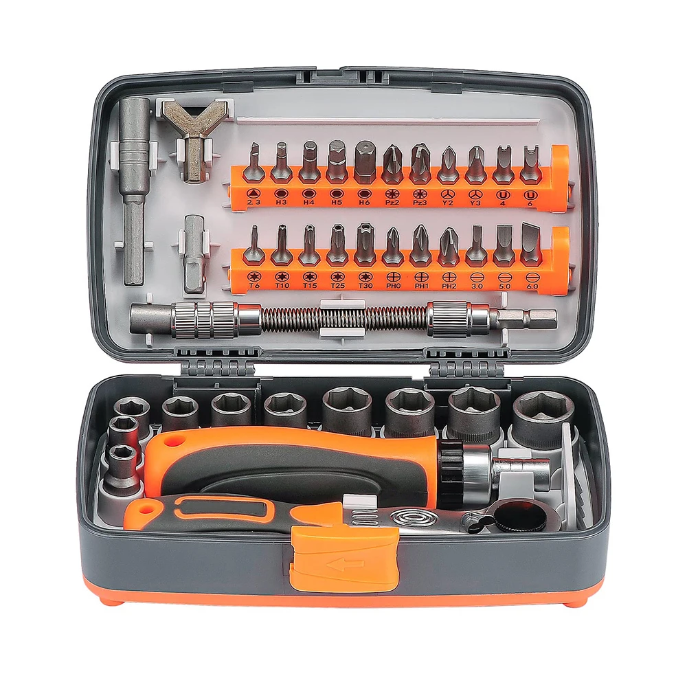 38Pcs Ratchet Screwdriver Tool Kit Household Multifunctional Plum Shaped Retractable Ratchet Screwdriver Wrench with Storage Box