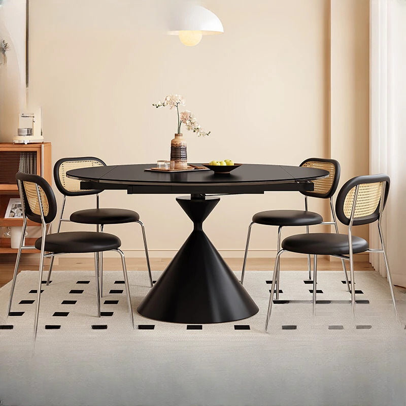 

Small-sized cream wind black/white retractable rock table round dining table simple composite glass metal dining table