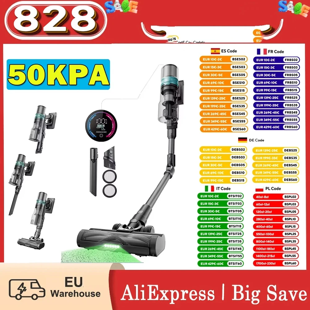 Aspirateur balai sans fil Proscenic P16 50Kpa, 55 minutes d'autonomie 180 °     Brosse de sol anti-emmêlement à baguette pliable bleue