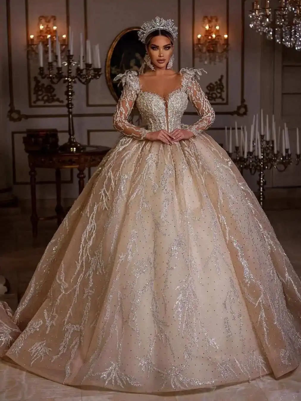 

Gorgeous Wedding Dress Ball Gown Crystal Sequined Ruched Long Sleeve Floor-Length Princess Bride Vestido De Noiva Custom Made