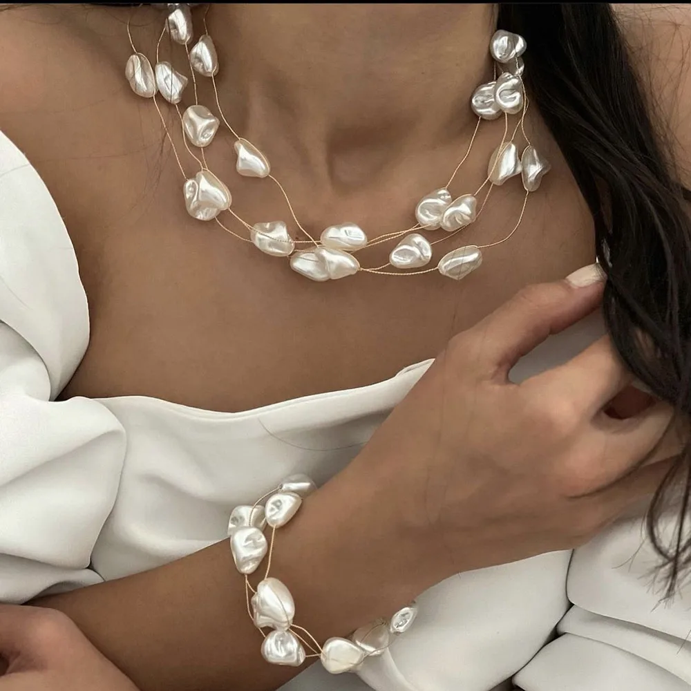 2pcs/set Hot  Irregular Imitation Pearl Chain Necklace Bracelet Jewelry Sets Unquie For Women Party Wedding Jewelry Gift S011