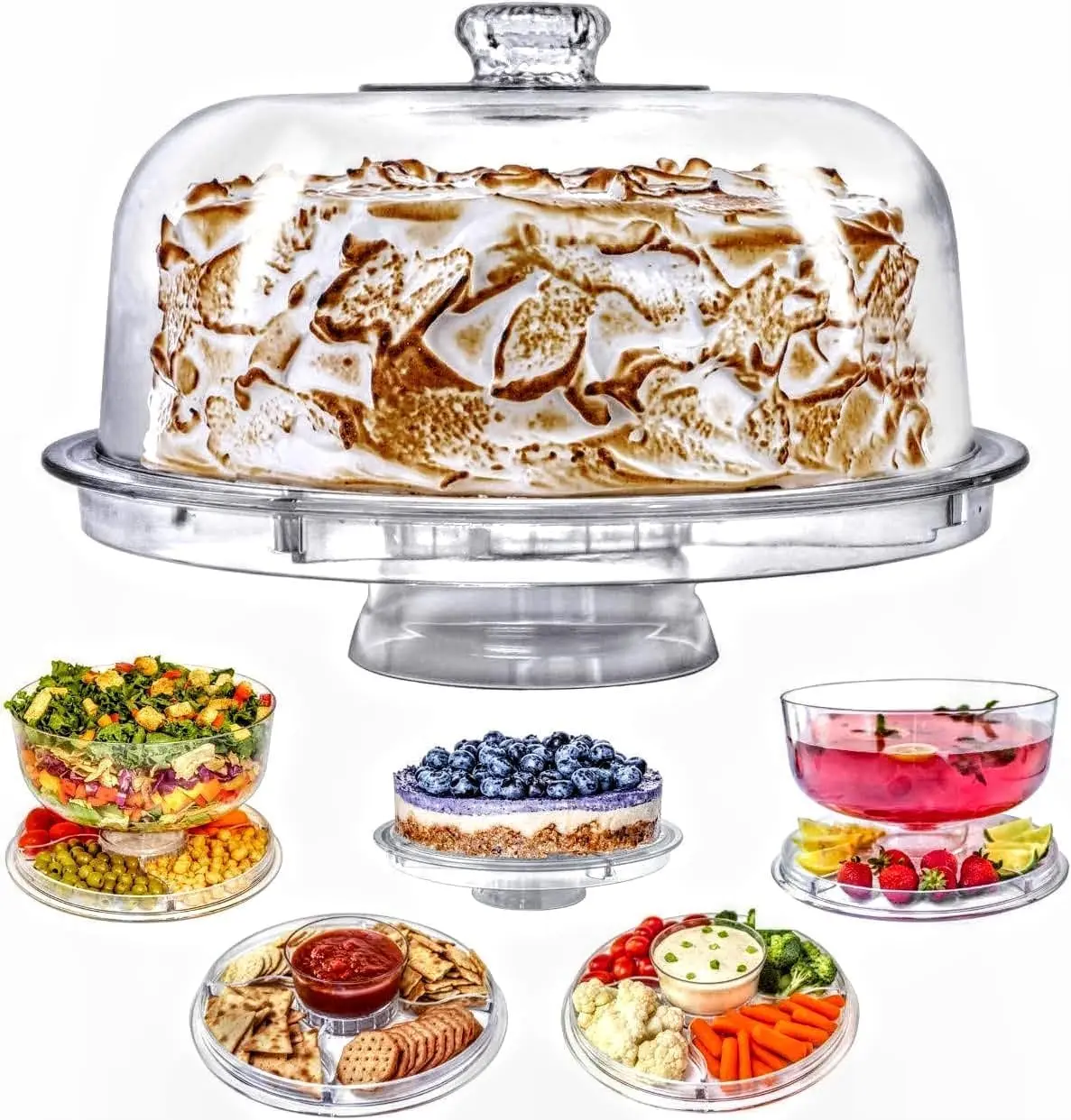 

6-in-1 Clear Plastic Cake Stand with Dome Cover, Versatile Serving Platter for Parties and Events