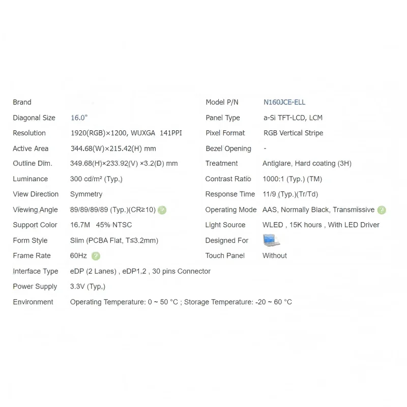 16.0 بوصة IPS شاشة لاب توب LCD N160JCE-ELL B160UAN04.2 NV160WUM-N48 B160UAN03.3 عرض مصفوفة لوحة استبدال eDP 30 Pins