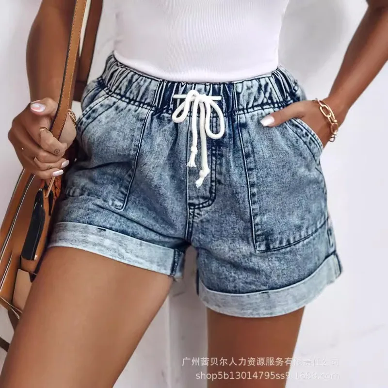 2024 Spring Summer New Women's Clothing Light Blue Washed Elastic Bandage Denim Shorts