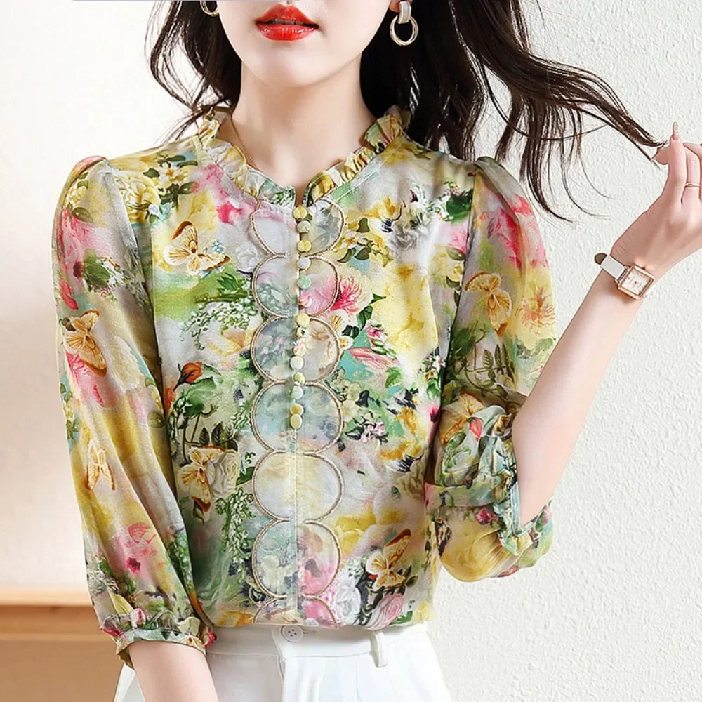 S-2XL SizeHot selling new Korean version high-end and thin style with a slimming temperament printed lantern long sleeved shirt