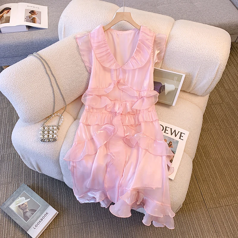 

Women 2023 Summer Night Party Pink Dress Sleeveless Ruff V Neck Princess Vintage Dresses Elegant Ladies Chic Casual Clothes