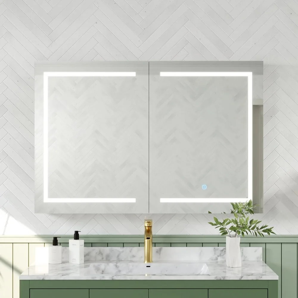 

Lighting bathroom cabinet with mirror, tri color with defogger and dimmable, wall mounted mirrored bathroom cabinet with light