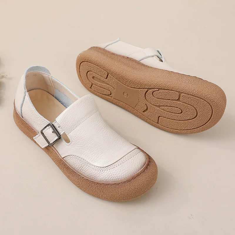 

Top quality mom genuine leather shoes ladies round toe buckle moccasins real cowhide leather sneaker woman orthopedic shoes