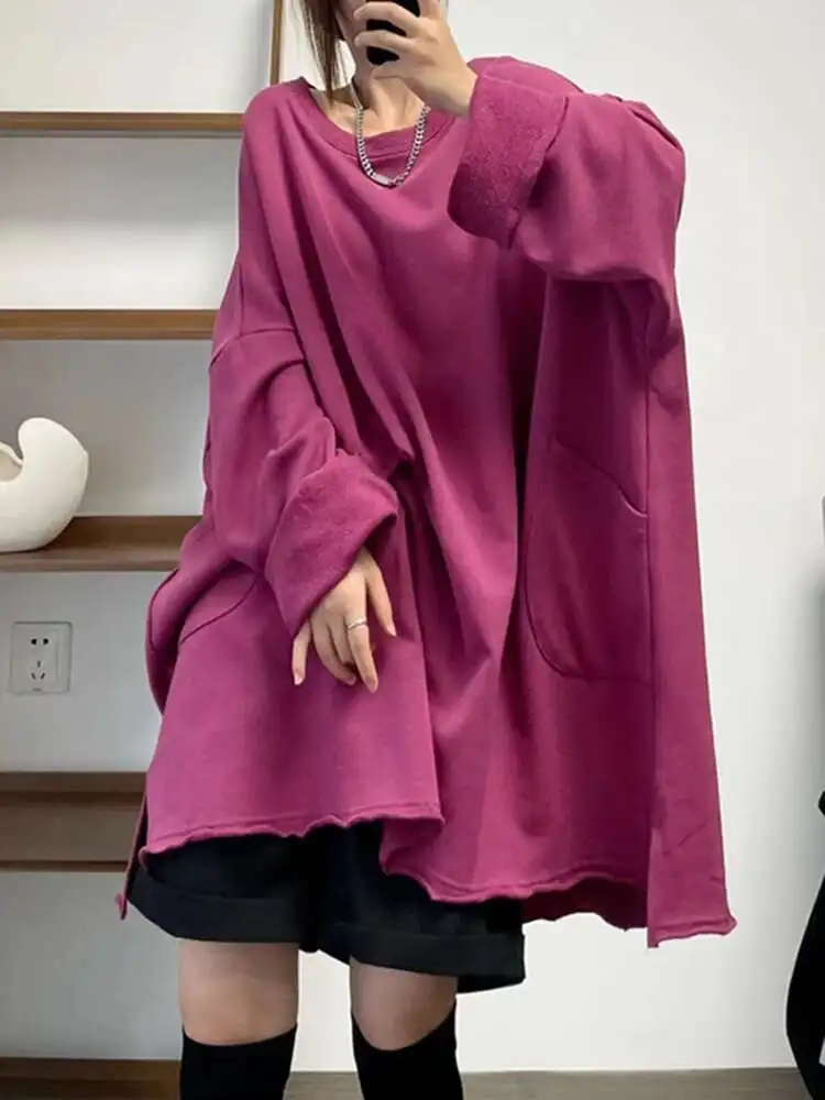 EAM Purple Big Pockets Casual Sweatshirt New Round Neck Long Sleeve Women Big Size Fashion Tide Autumn 2026 30A2867