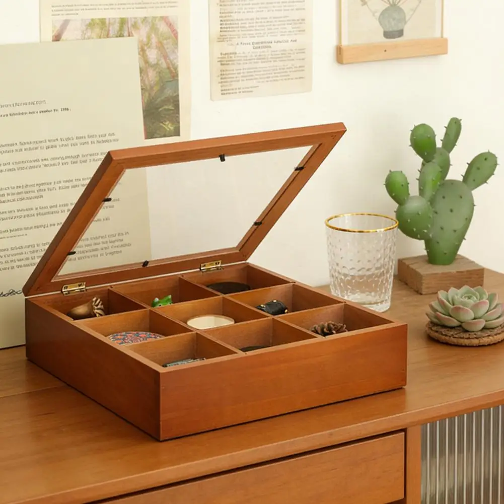 Storage Case Small Item Storage Container 9-compartment Wooden Storage Box with Acrylic Lid Retro Rock Collection Case for Small
