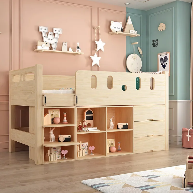 Full solid wood  bed half-height bed with wardrobe multi-functional bed under table girl desk cabinet