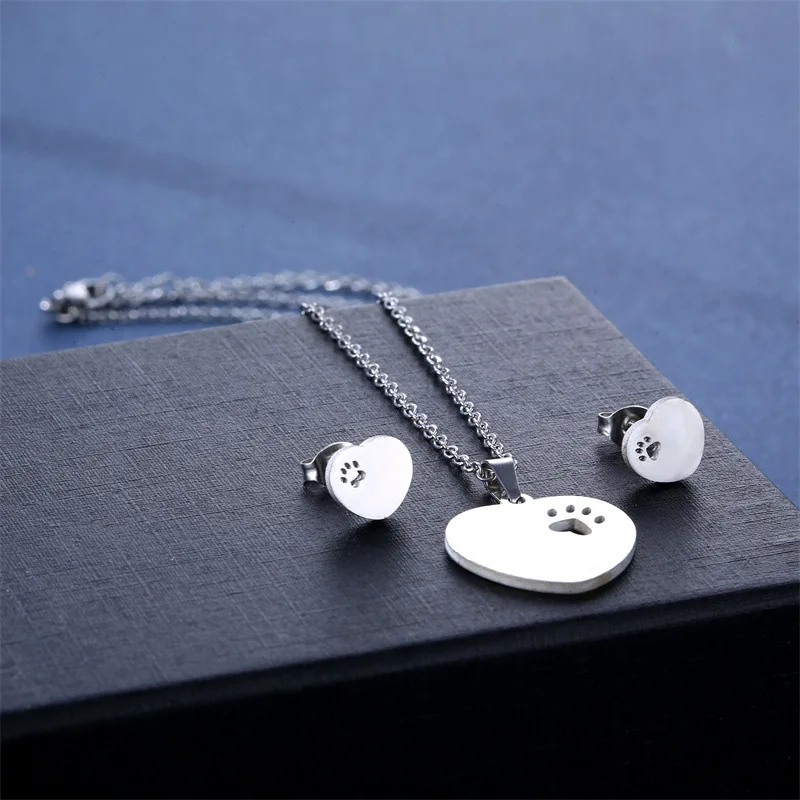316L NEW Stainless Steel Pendant Heart earrings Necklace set women Footprint Jewelry Daughter Mother\'s Day Gifts Choker TZ123