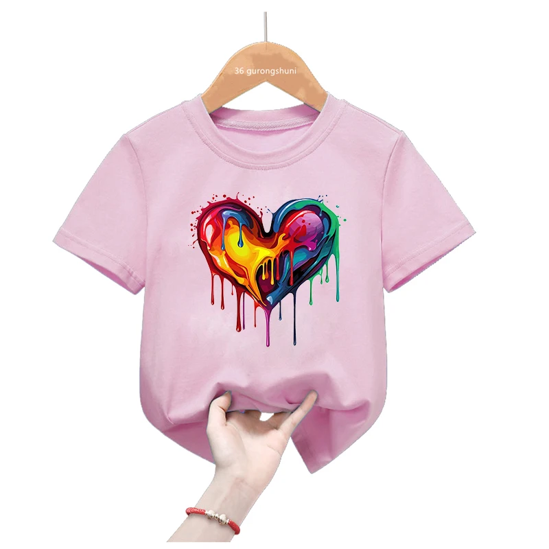 

Rainbow Shoes/Love/Bird/Flowers Printed Pink T Shirt For Girls/Boys Harajuku Kawaii Kids Clothes Summer Fashion Tops Tee Shirt