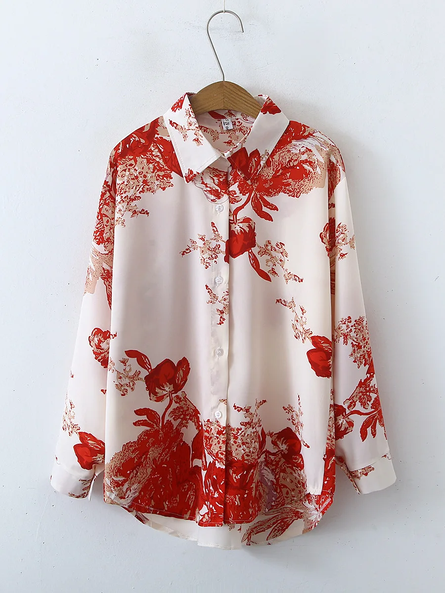 Retro Simple Long Sve irt Straight Cut Street Sle Damen Faion Print Design Casual Regular Thin Frühling Sommer