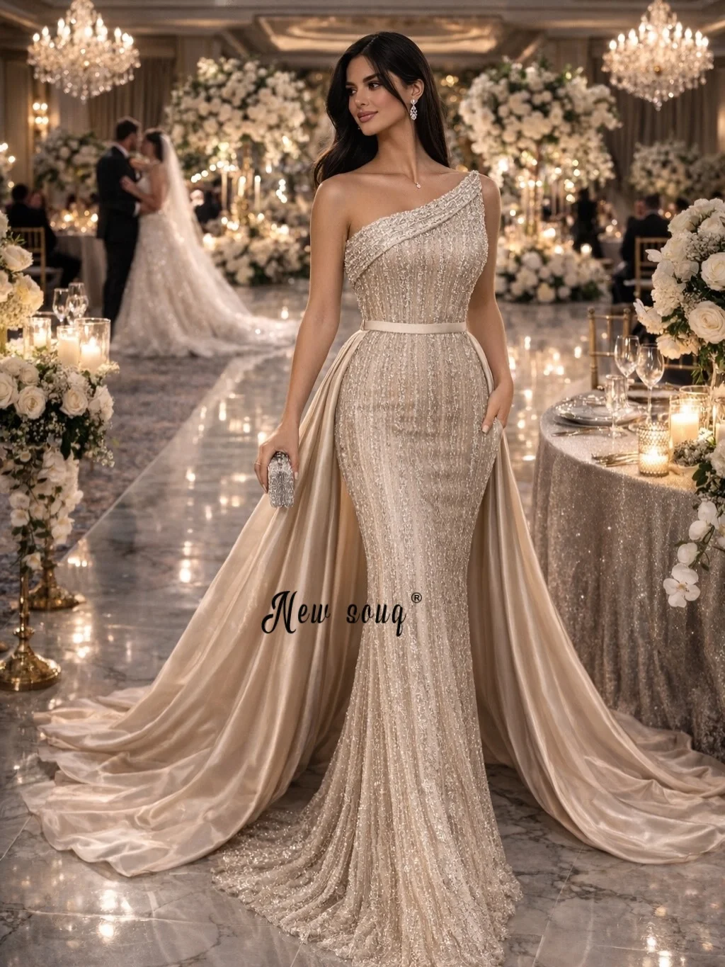 Solid Champagne Luxury Nude Crystal Mermaid Evening Dress with Overskirt Detachable Sleeves Dubai Formal Prom Gown Customized