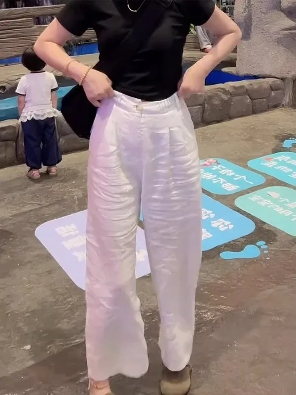 Pantalon taille haute à jambes larges, coupe ample, léger, mélange de coton et lin, coupe droite à neuf points, pour femmes de grande taille, été
