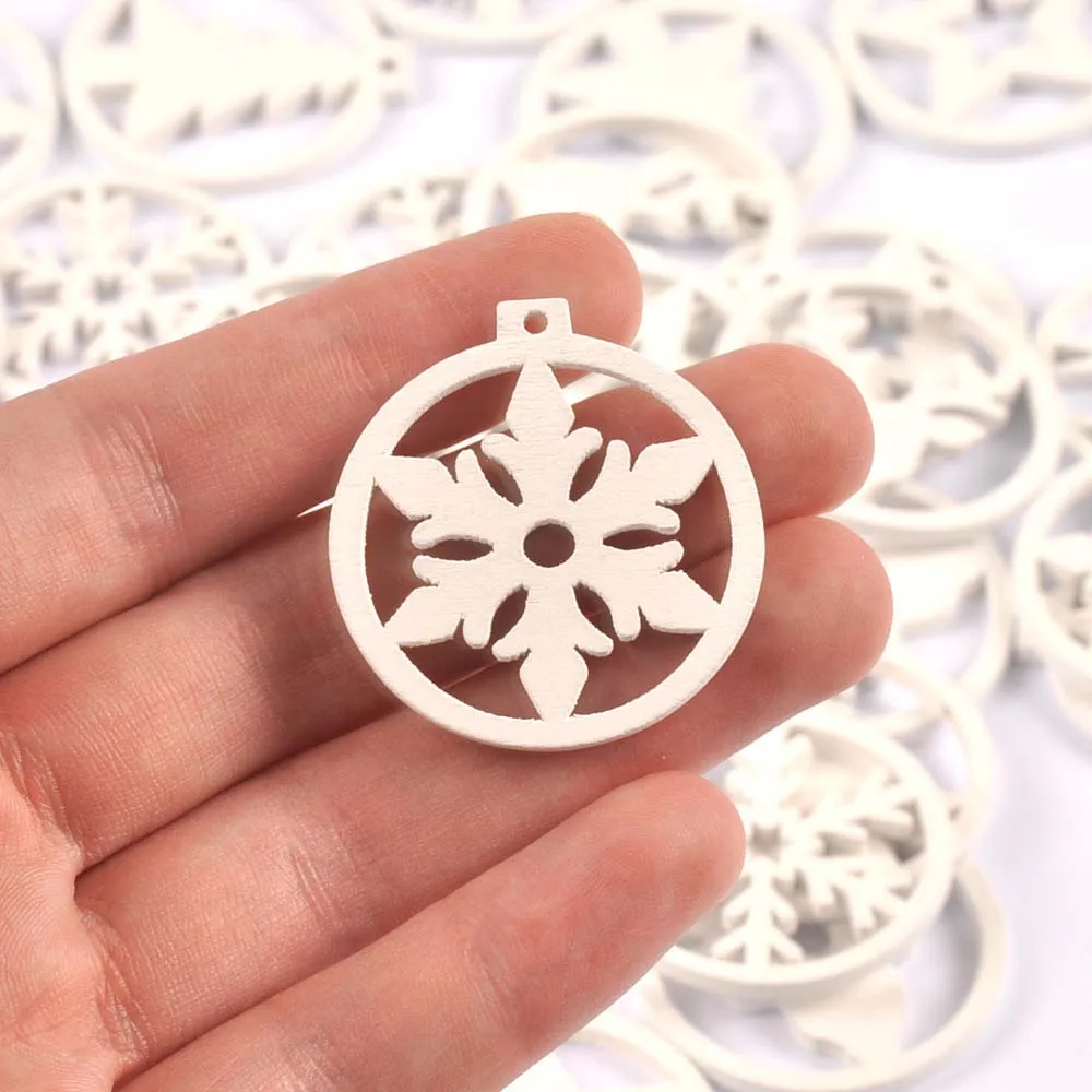 30Pcs Christmas Round White Snowflake Tree Angel Wooden Pendant Hanging Oranments DIY Handmade Supplies Xmas Home Party Decor