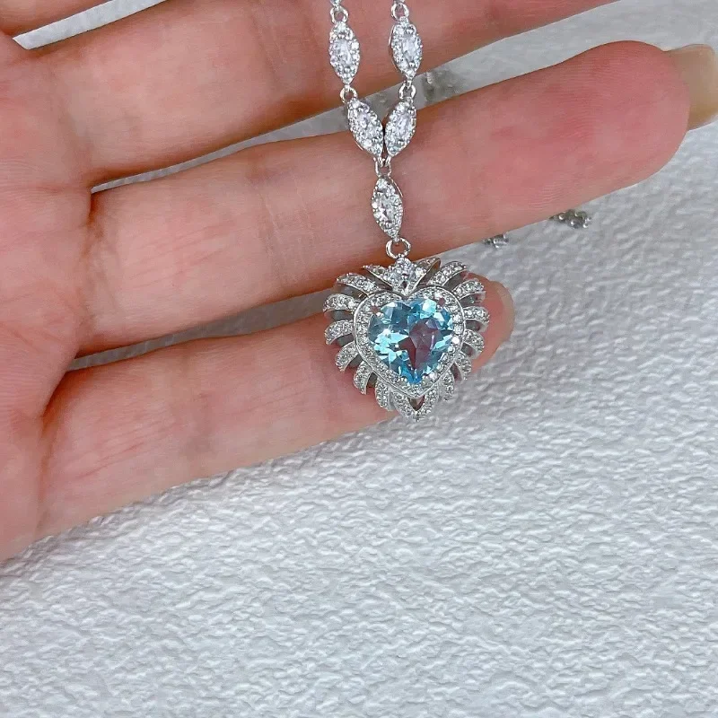 SACE GEMS New Luxury 925 Sterling Silver 9*9MM Natual Sky Blue Topaz Pendant Necklace for Women Cocktail Party Fine Jewelry Gift