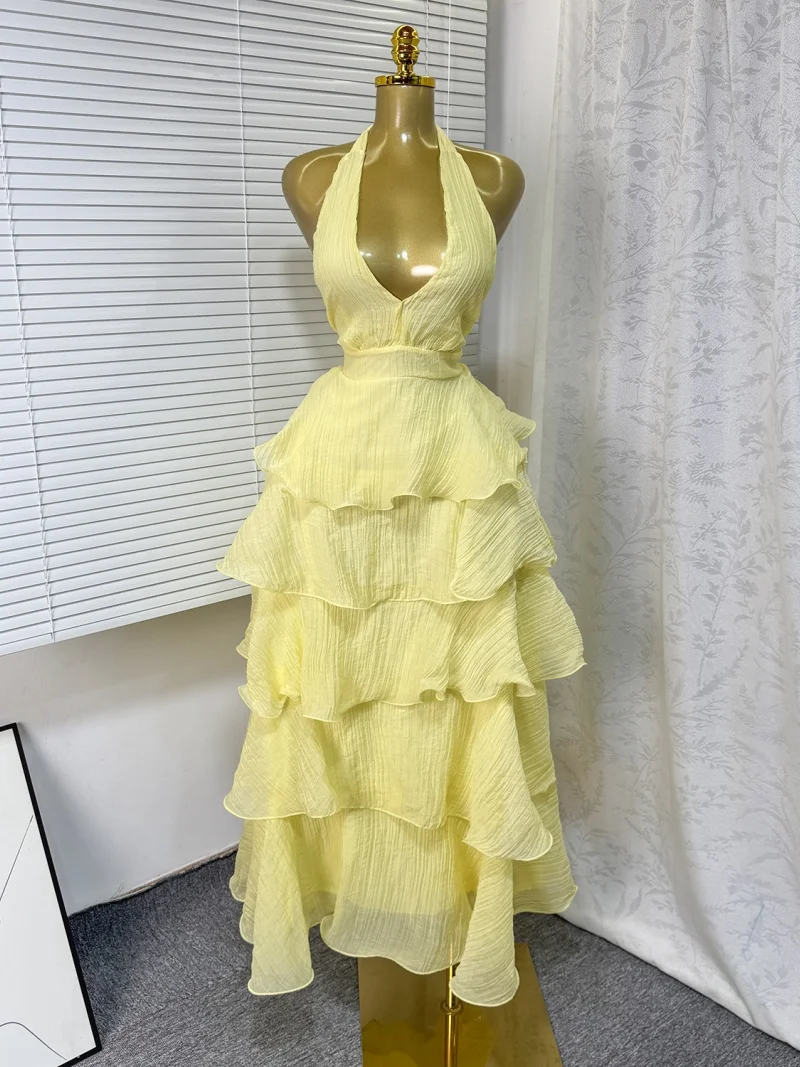 Modisches Neckholder-Kleid Sommerkleidung Damen 2026 Ärmellos Rückenfrei V-Ausschnitt Langes Kleid Urlaub Strand Sommerkleid Robe Femmes