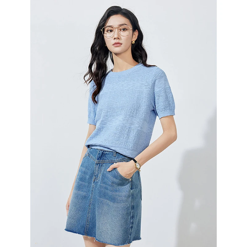 TOYOUTH Women knitwear 2024 Summer New Linen Short Sleeve Round Neck Sky Blue Pullover Tops