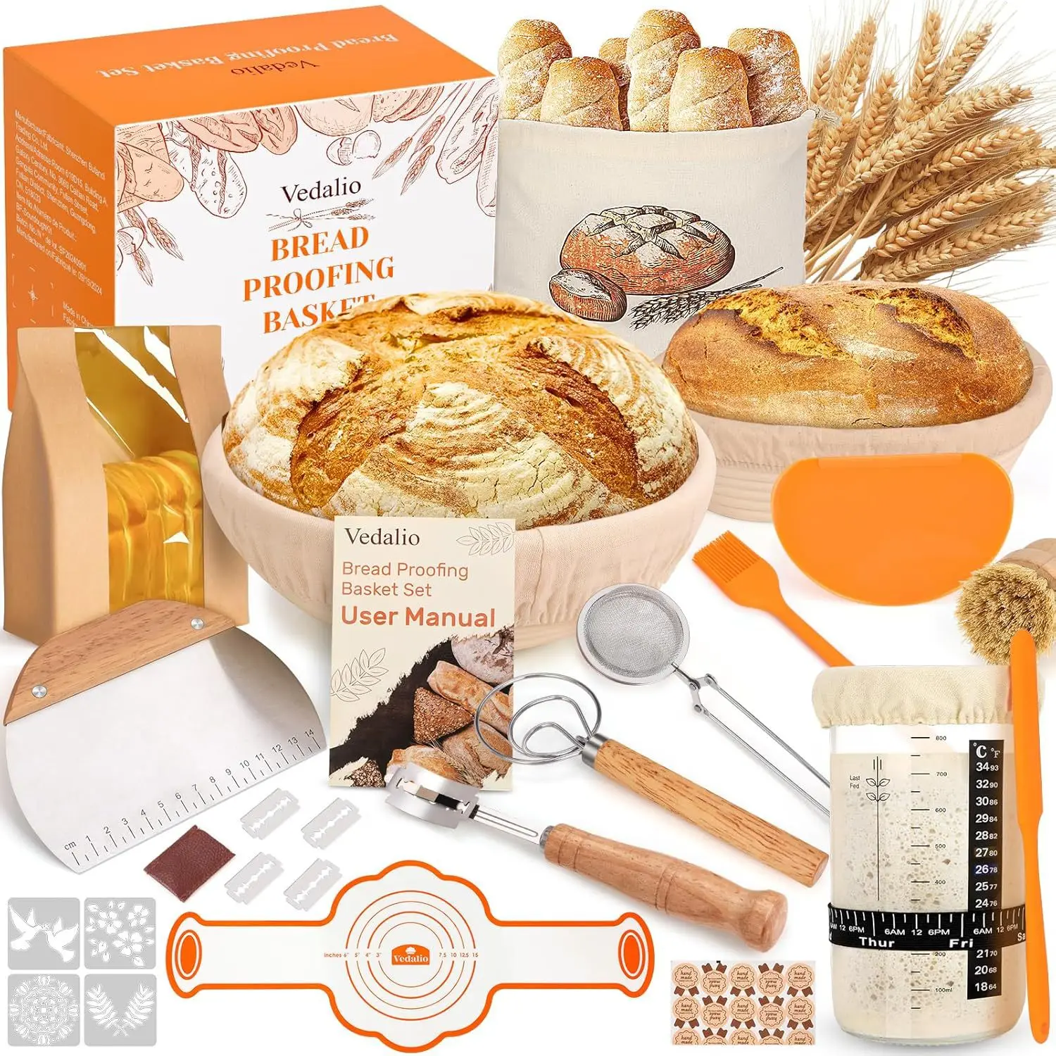 

Sourdough Starter Kit Bread Baking Supplies with Bread Proofing Basket Jar Dough Whisk Bread Lame Silicone Brush for Baker