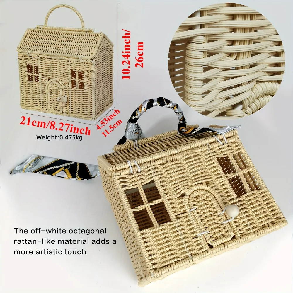 Small Rattan House Shaped Basket Garden Harvest Wicker Shelf Organizer with Lid Decorative Hand Woven Doll House Picnic Basket view 2