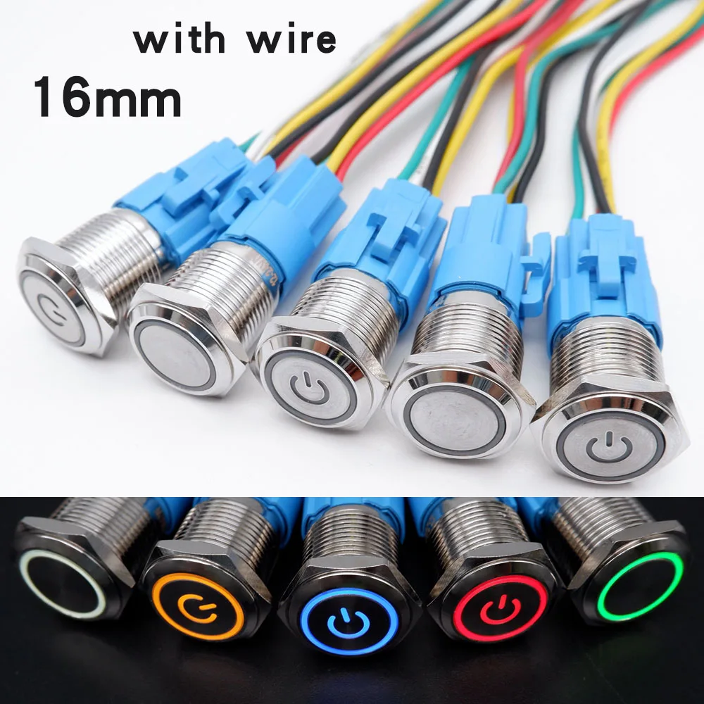 

5pcs 16mm Metal Button Switch LED Lamp With Connector Momentary Latching Automotive Engine Power Switch 5v 12V 24V 220V Blue Red