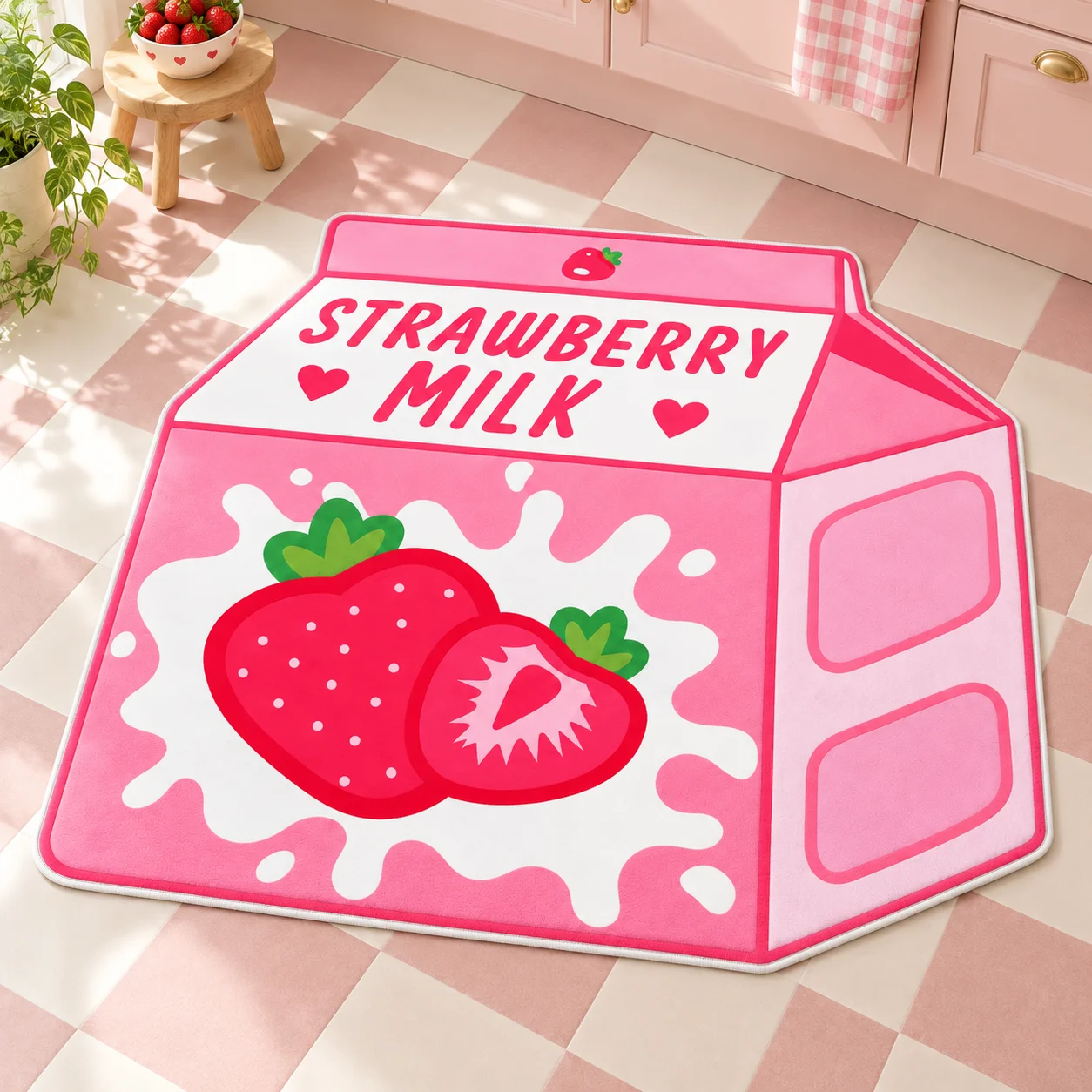 Pink Strawberry Milk Carton Shaped Area Rug, Flannel Floor Mat for Kitchen, Bedroom, Living Room, Entryway and Home Decor