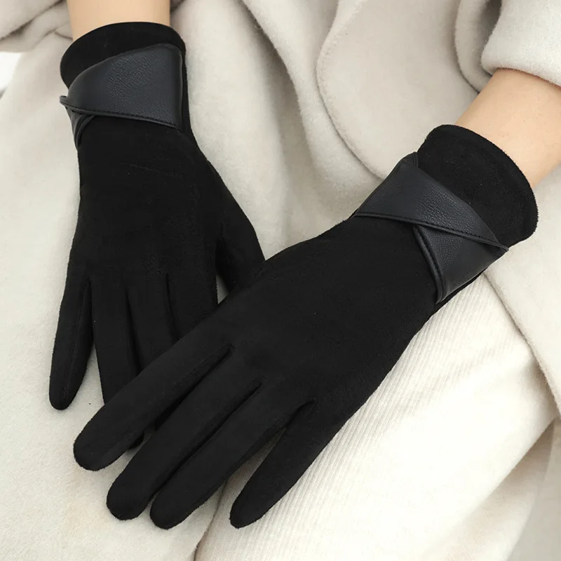 New Suede Gloves for Women Winter Plus Velvet Warm Commercial Style Temperament Bow Touch Screen Riding Driving