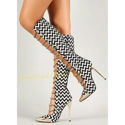 Zebra Stripes Chain Gladiator Boots Metal Toe Iron Chain Splicing Sandals Boots White Black Sexy Autumn Fashion Women High Boots