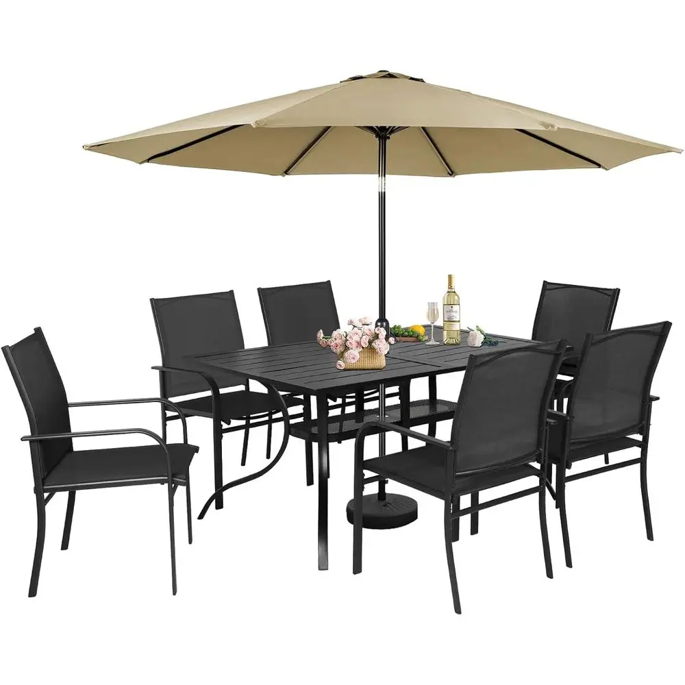 

8-Piece Patio Dining Set with Brown Umbrella, 6 Chairs, RecTable, and Umbrella Hole for Outdoor, Garden, and Poolside Use (Black