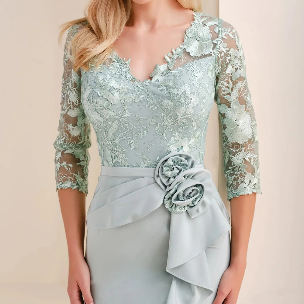 Abiti da sera a trapezio personalizzati Abito da ballo con maniche a tre quarti con scollo a V alla caviglia Abito da festa drappeggiato con fiori di pizzo