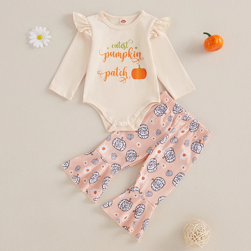 Toddler Infant Baby Girl Halloween Outfits Letter Print Long Sleeve Romper + Pumpkin/Ghost Pattern Flare Pants + Headband Set