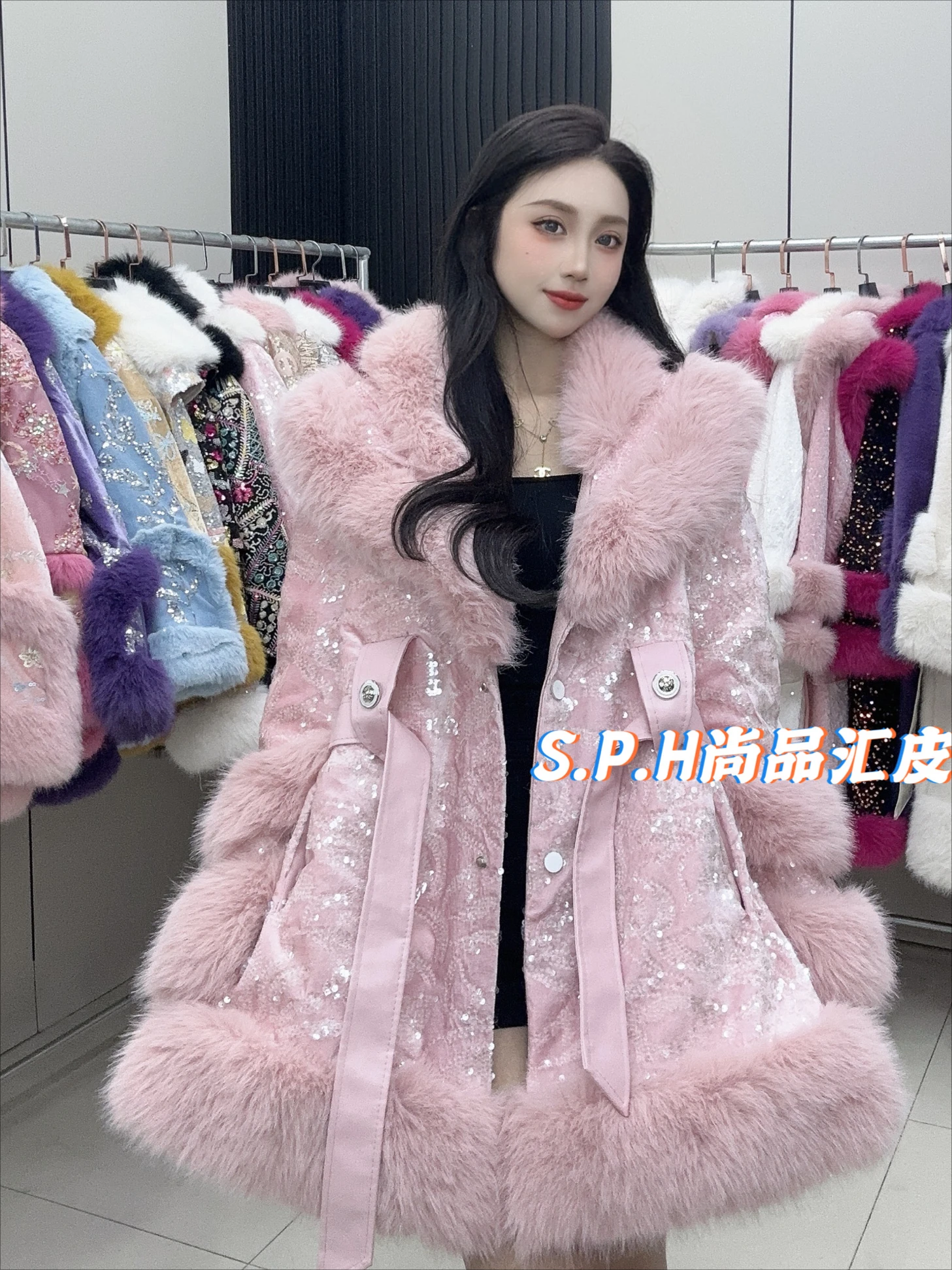 2024 Winter New Fur Coats Sweet Mid Length Sequins Decoration Young Good Figure Faux Fur Coats Women Strap Waist Fluffy Jacket