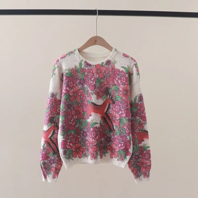 

Flower Animal Print Sweater Pullovers for Women Luxury Brand Christmas Deer sweater Knitted Tops Y2k Jumper Long Sleeve Jersey