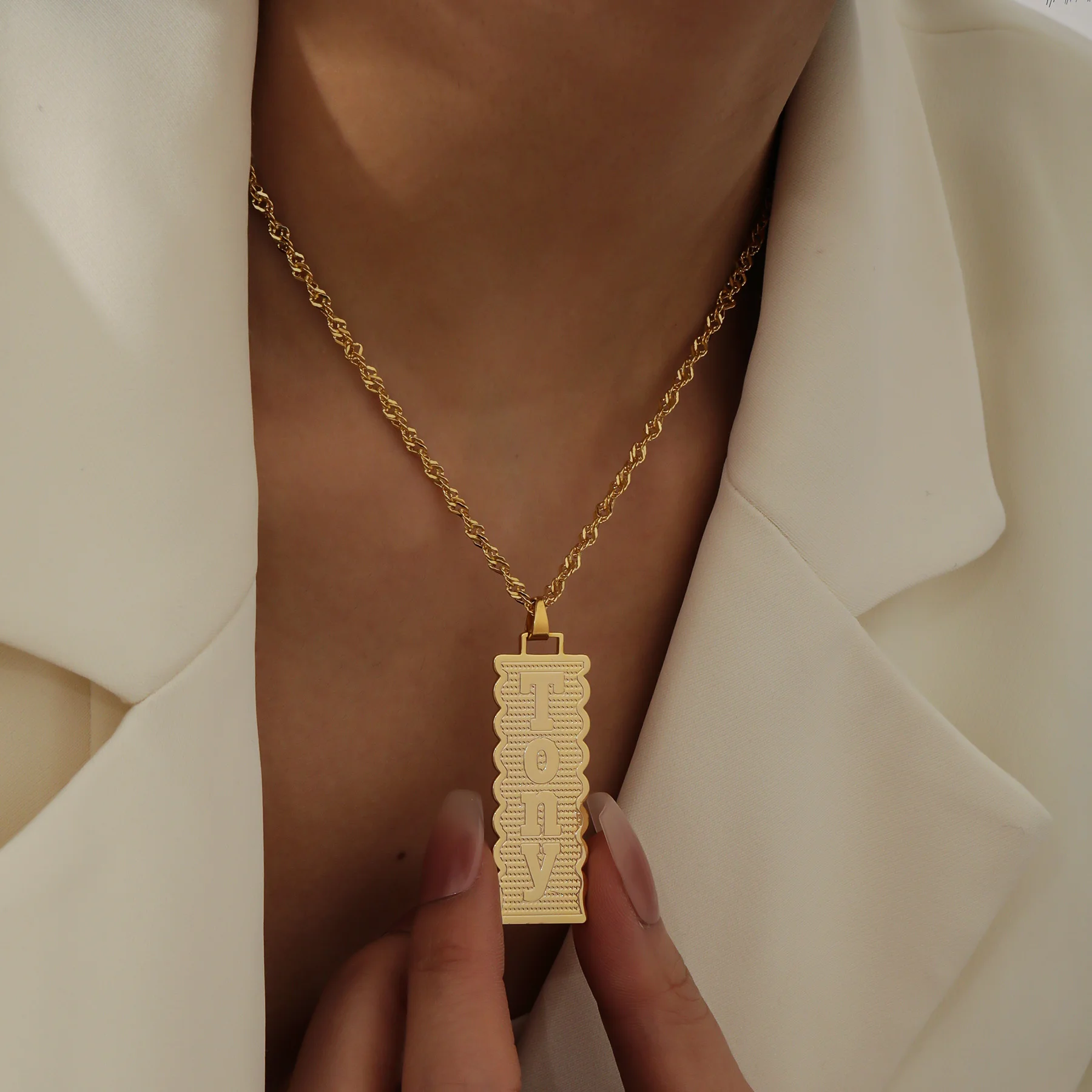 الذهب لوحة اسم قلادة حبل سلسلة خمر مستطيل قلادة موجة الحدود تصميم شخصية عيد ميلاد الذكرى عيد الميلاد