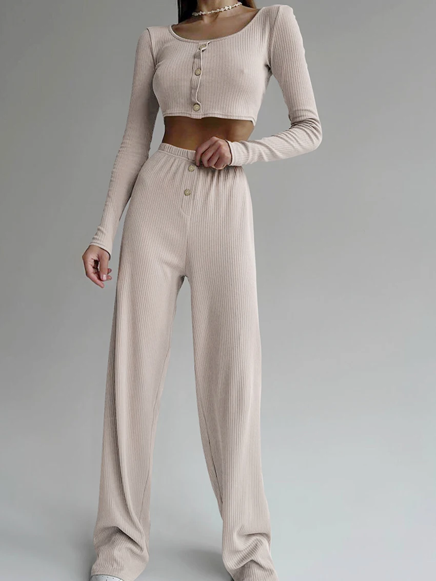 Marthaqiqi Fashion Female Pajama Set O-Neck Sleepwear Long Sleeve Nightwear Crop Top Nightgowns Pants Casual Ladies Nightie Suit