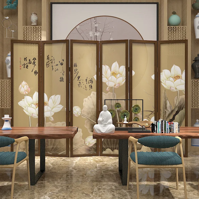 

New Chinese screen partition living room mobile entry classical folding shade tea room decoration office lotus folding screen