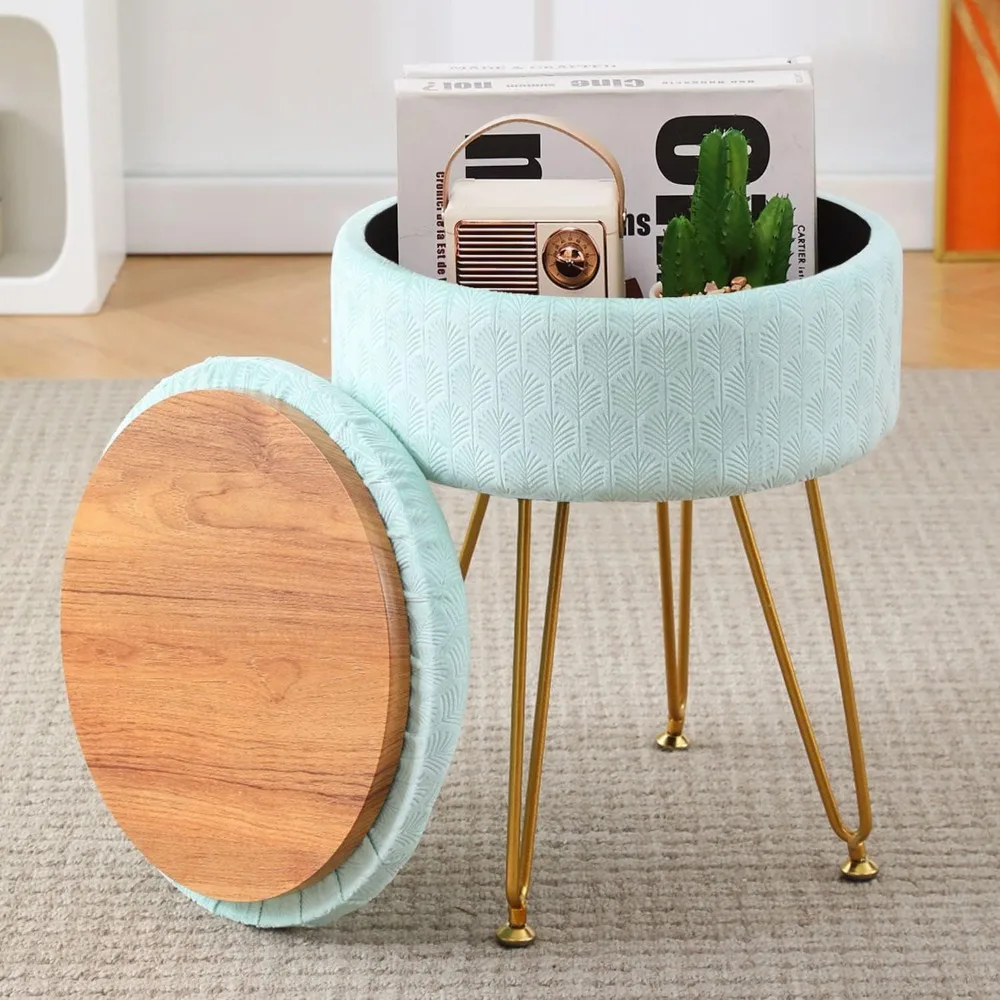 

Storage Round Footrest Stool Multifunctional Upholstered Ottoman Modern Accent Vanity Stools Tray Top Coffee Table Suitable