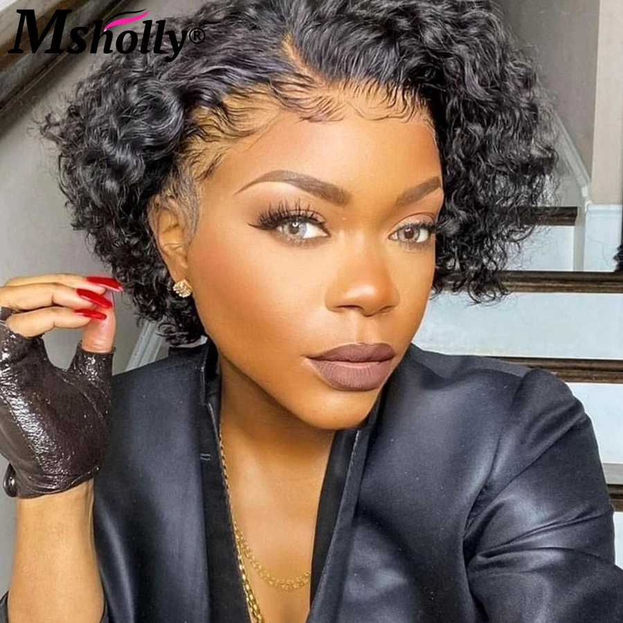 

Pixie Cut Wig Short Bob Curly Human Hair Wigs Cheap 13X1 Transparent Lace Wigs Water Deep Wave Natural Hairline Wig For Women